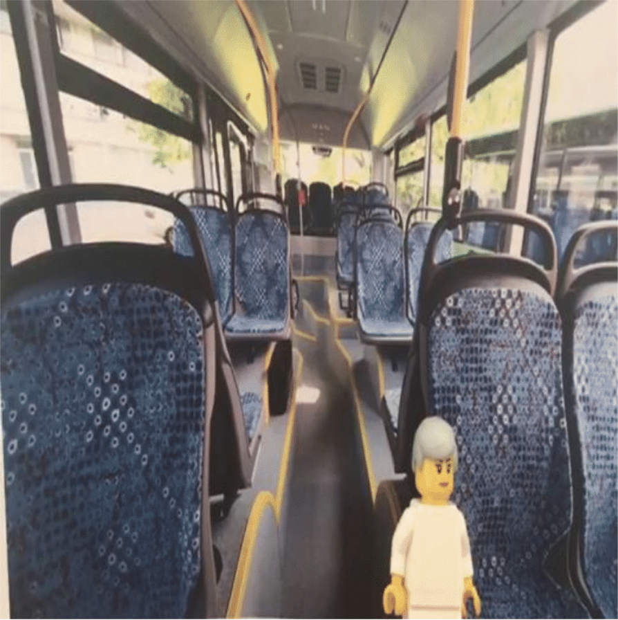 prototype of the solution BUSS. The interior of a bus and a grey-haired lego figure.