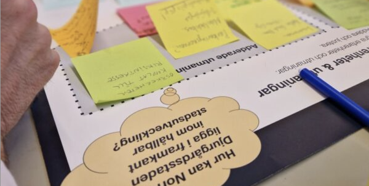 Hållbar stadsutveckling i framkant Workshopdeltagare fyller i idéer en mall för hur Norra djurgårdsstaden kan ligga i framkant för hållbar stadsutveckllng.